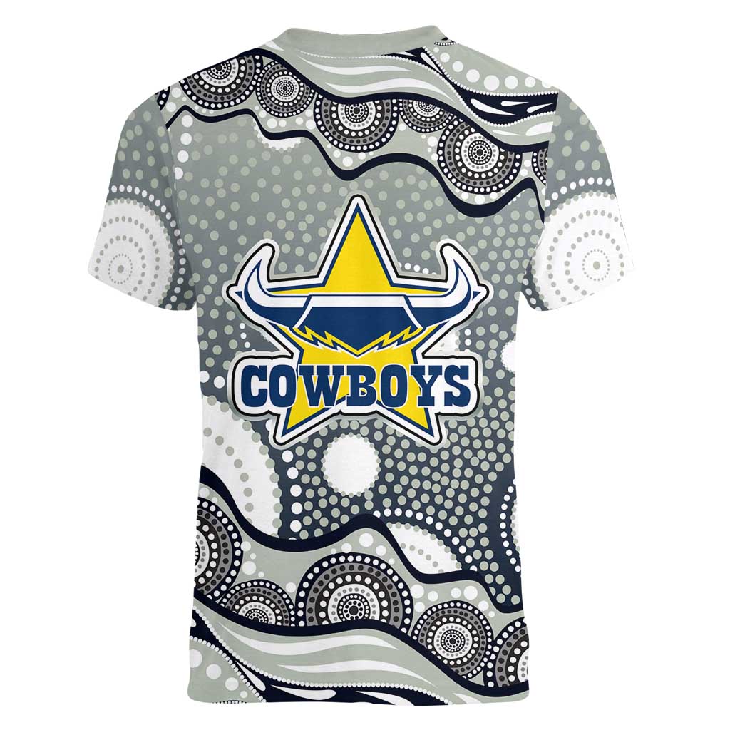 North Queensland Cowboys Women V-Neck T-Shirt Aboriginal Dot Pattern - Rugby Mascot Heritage Pride