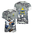 North Queensland Cowboys Women V-Neck T-Shirt Aboriginal Dot Pattern - Rugby Mascot Heritage Pride