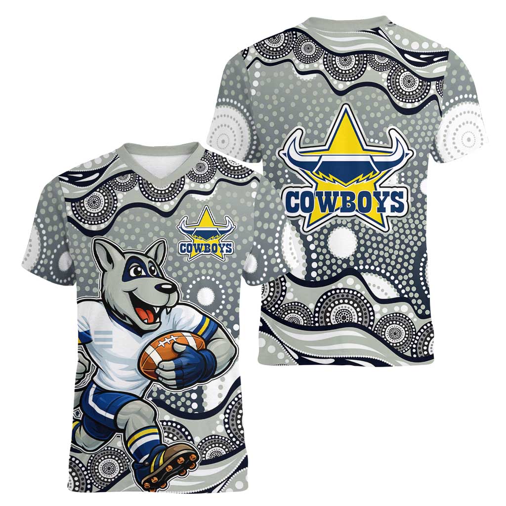 North Queensland Cowboys Women V-Neck T-Shirt Aboriginal Dot Pattern - Rugby Mascot Heritage Pride