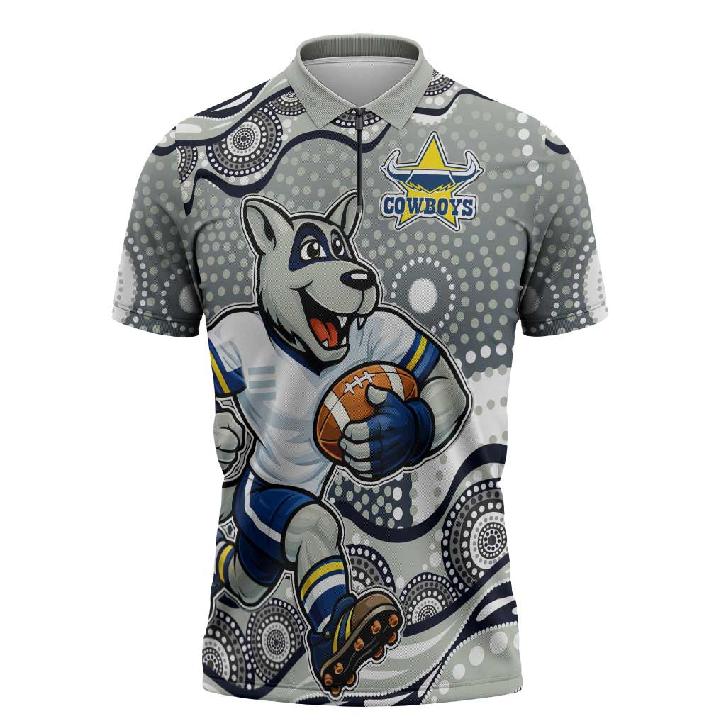 North Queensland Cowboys Zipper Polo Shirt Aboriginal Dot Pattern - Rugby Mascot Heritage Pride