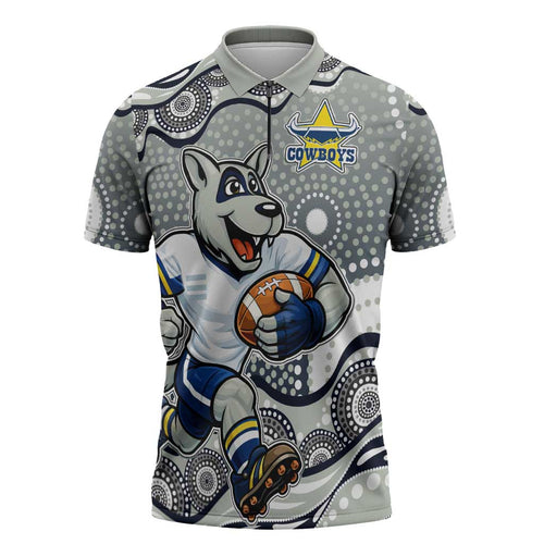 North Queensland Cowboys Zipper Polo Shirt Aboriginal Dot Pattern - Rugby Mascot Heritage Pride