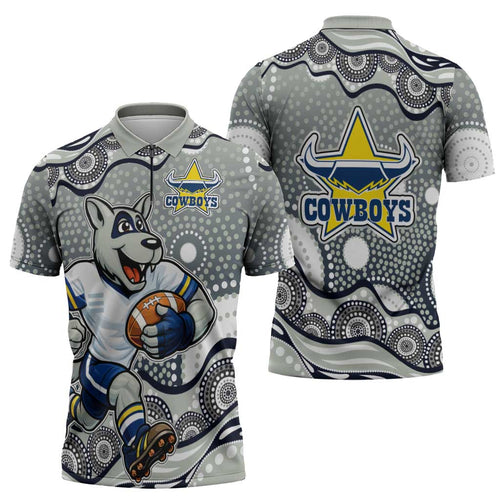 North Queensland Cowboys Zipper Polo Shirt Aboriginal Dot Pattern - Rugby Mascot Heritage Pride