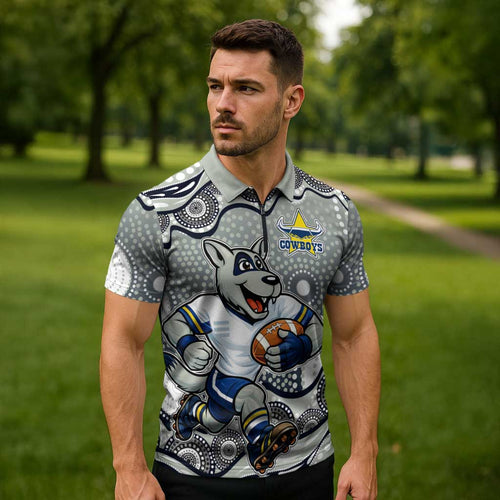 North Queensland Cowboys Zipper Polo Shirt Aboriginal Dot Pattern - Rugby Mascot Heritage Pride