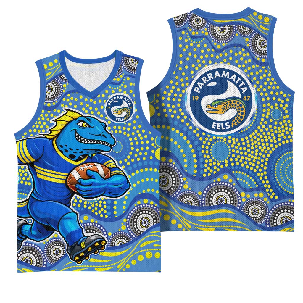 Parramatta Eels Basketball Jersey Aboriginal Dot Pattern - Rugby Mascot Heritage Pride