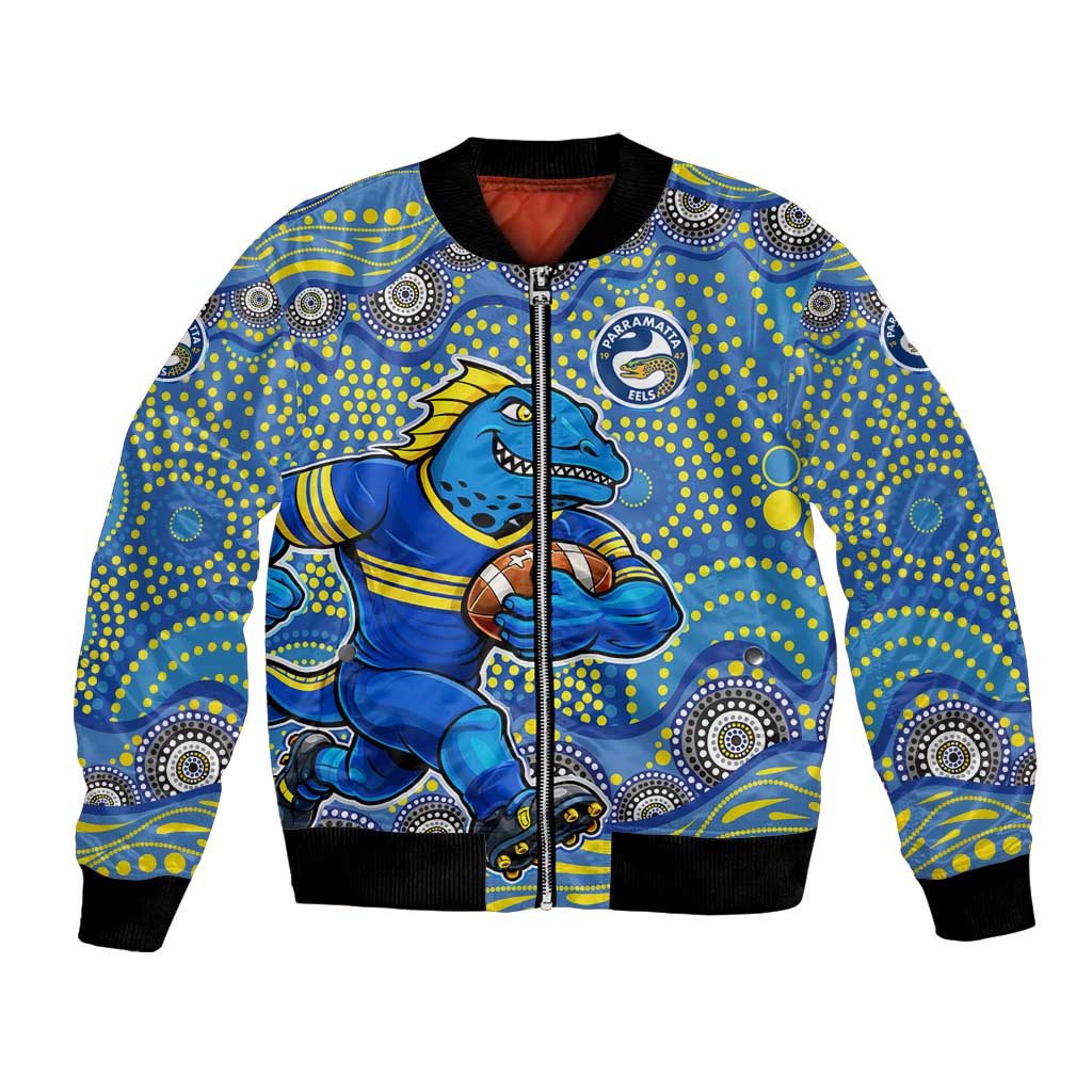 Parramatta Eels Bomber Jacket Aboriginal Dot Pattern - Rugby Mascot Heritage Pride