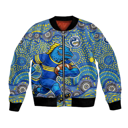 Parramatta Eels Bomber Jacket Aboriginal Dot Pattern - Rugby Mascot Heritage Pride