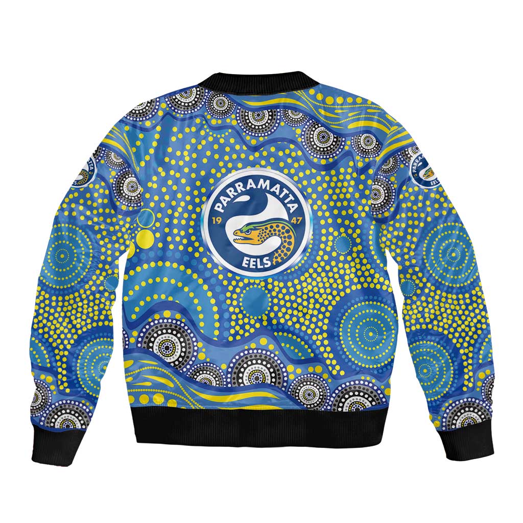 Parramatta Eels Bomber Jacket Aboriginal Dot Pattern - Rugby Mascot Heritage Pride