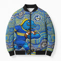 Parramatta Eels Bomber Puffer Jacket Aboriginal Dot Pattern - Rugby Mascot Heritage Pride