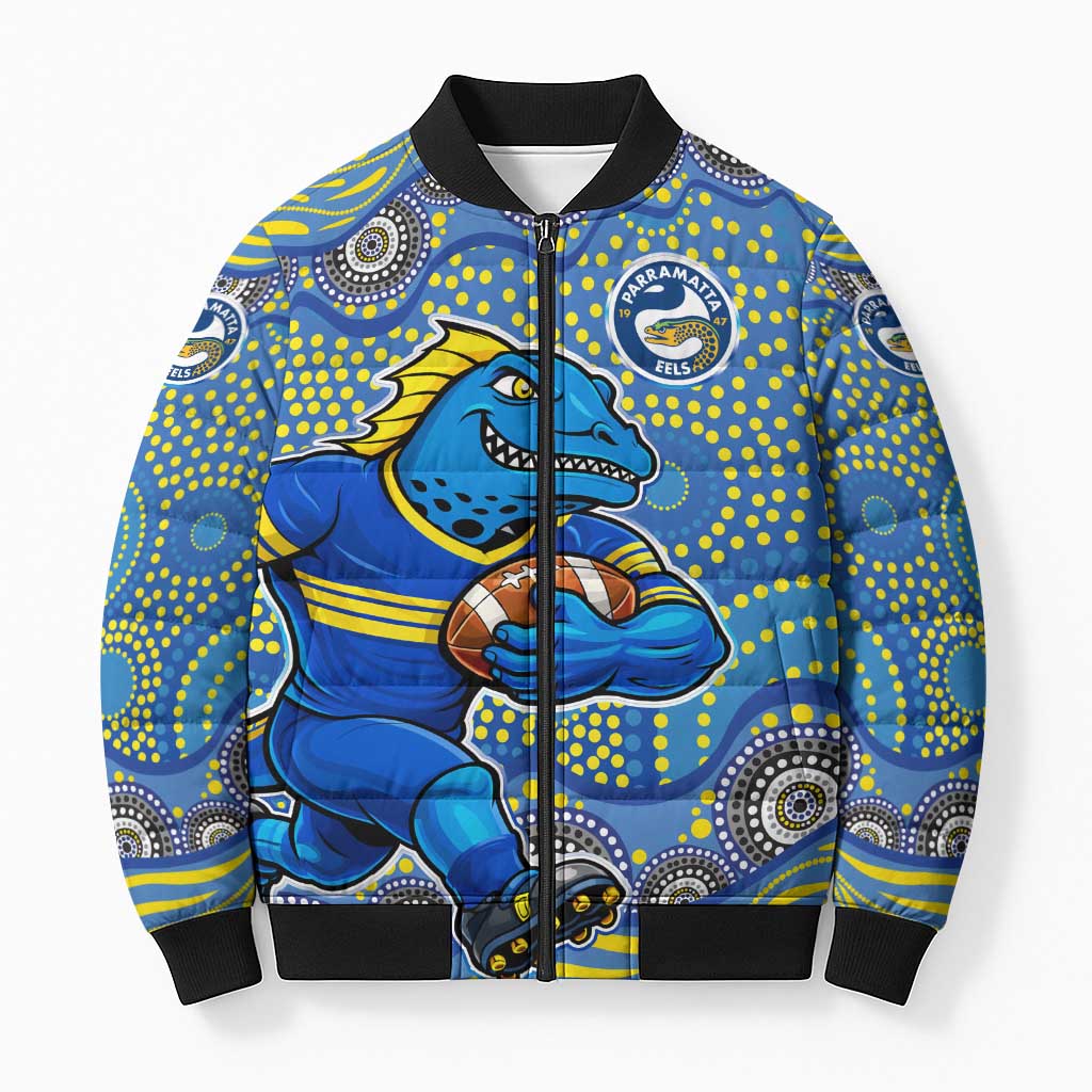 Parramatta Eels Bomber Puffer Jacket Aboriginal Dot Pattern - Rugby Mascot Heritage Pride