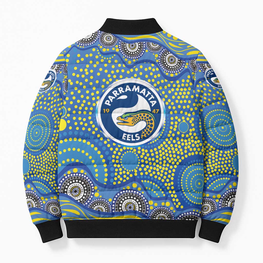 Parramatta Eels Bomber Puffer Jacket Aboriginal Dot Pattern - Rugby Mascot Heritage Pride