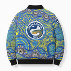 Parramatta Eels Bomber Puffer Jacket Aboriginal Dot Pattern - Rugby Mascot Heritage Pride