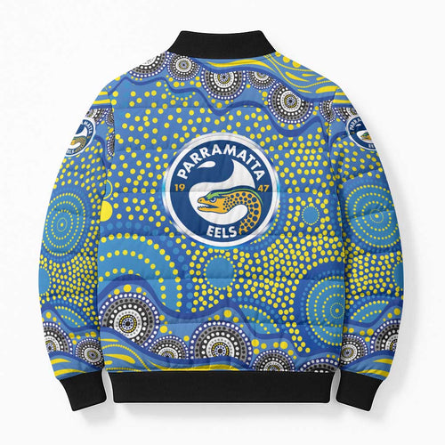 Parramatta Eels Bomber Puffer Jacket Aboriginal Dot Pattern - Rugby Mascot Heritage Pride