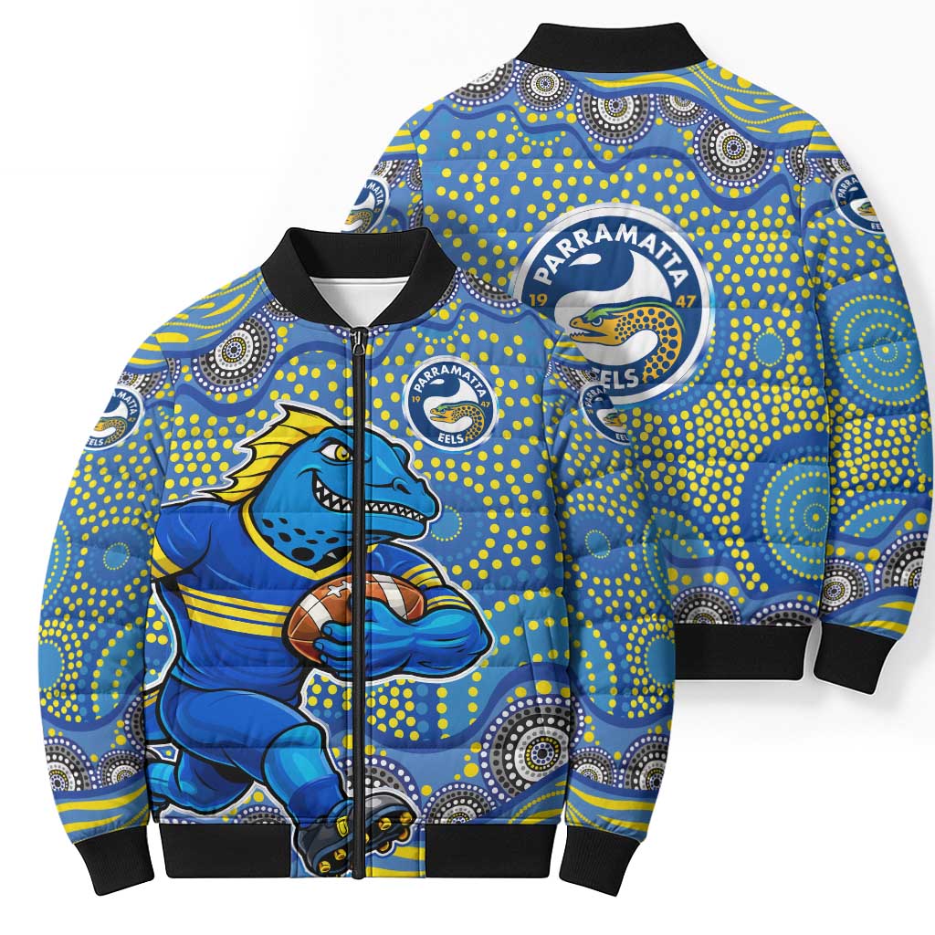 Parramatta Eels Bomber Puffer Jacket Aboriginal Dot Pattern - Rugby Mascot Heritage Pride