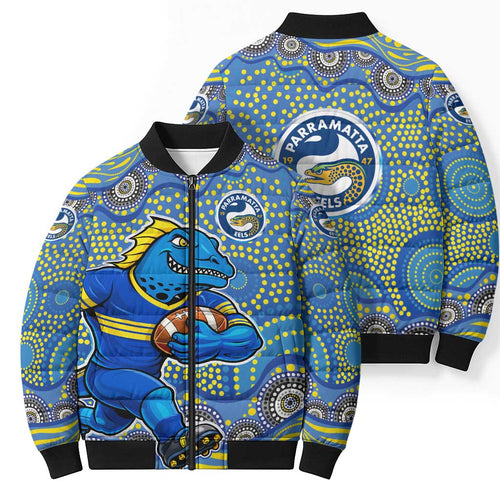 Parramatta Eels Bomber Puffer Jacket Aboriginal Dot Pattern - Rugby Mascot Heritage Pride