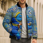 Parramatta Eels Bomber Puffer Jacket Aboriginal Dot Pattern - Rugby Mascot Heritage Pride