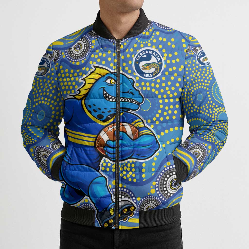 Parramatta Eels Bomber Puffer Jacket Aboriginal Dot Pattern - Rugby Mascot Heritage Pride
