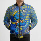 Parramatta Eels Bomber Puffer Jacket Aboriginal Dot Pattern - Rugby Mascot Heritage Pride