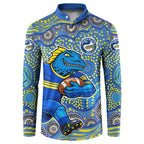 Parramatta Eels Button Sweatshirt Aboriginal Dot Pattern - Rugby Mascot Heritage Pride