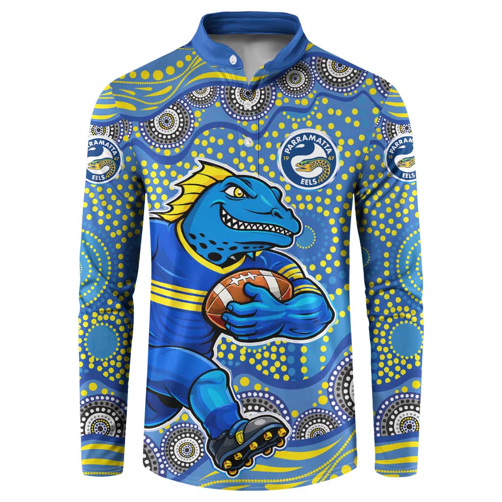 Parramatta Eels Button Sweatshirt Aboriginal Dot Pattern - Rugby Mascot Heritage Pride