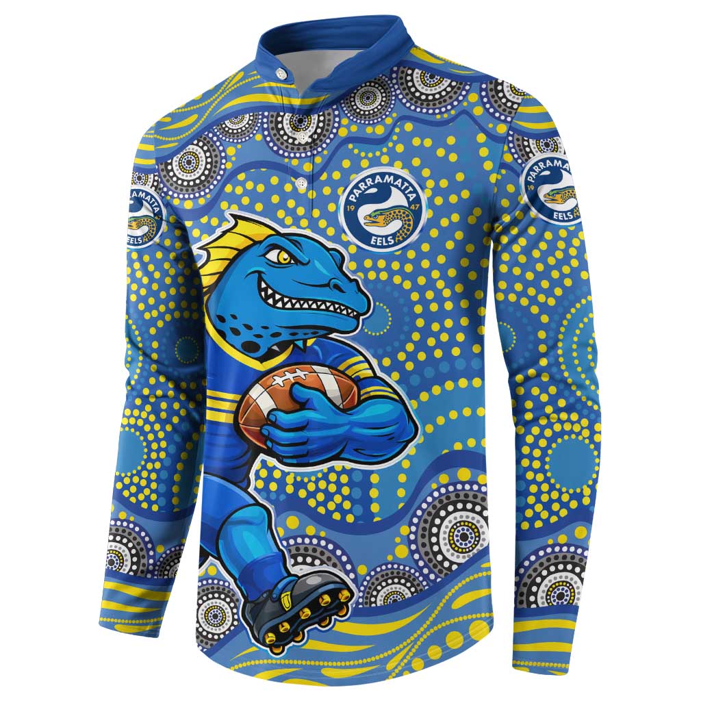 Parramatta Eels Button Sweatshirt Aboriginal Dot Pattern - Rugby Mascot Heritage Pride