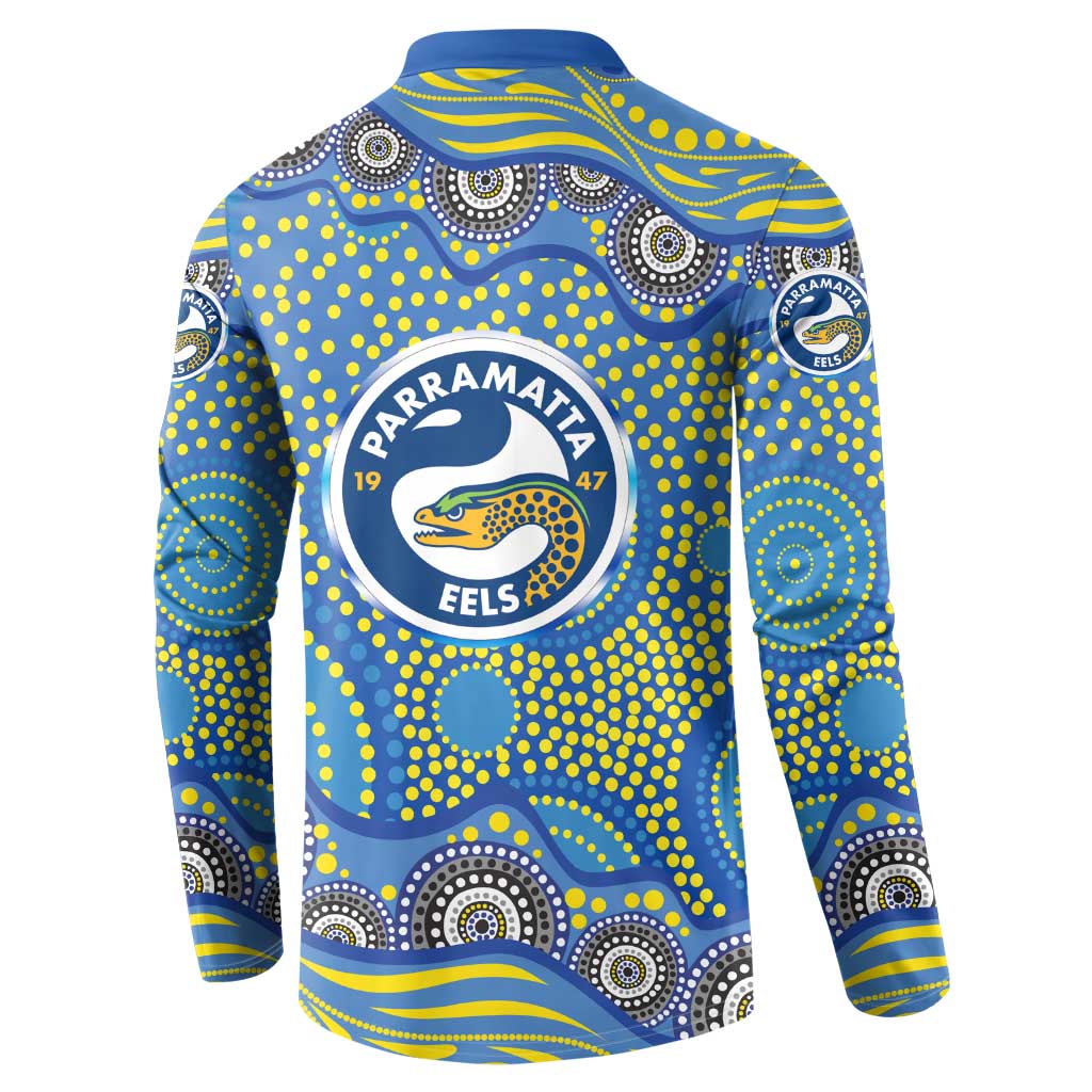 Parramatta Eels Button Sweatshirt Aboriginal Dot Pattern - Rugby Mascot Heritage Pride