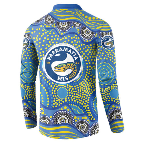 Parramatta Eels Button Sweatshirt Aboriginal Dot Pattern - Rugby Mascot Heritage Pride