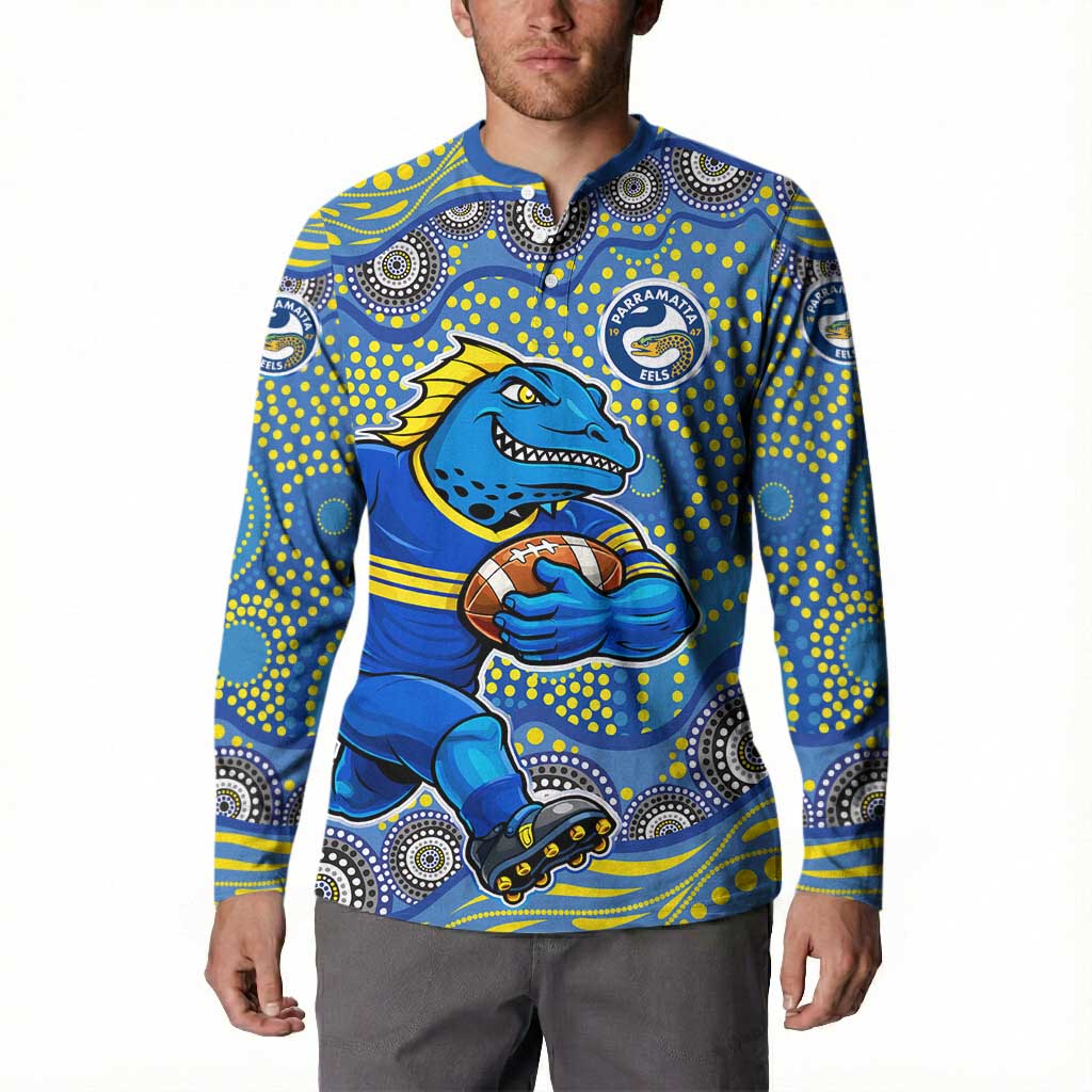 Parramatta Eels Button Sweatshirt Aboriginal Dot Pattern - Rugby Mascot Heritage Pride