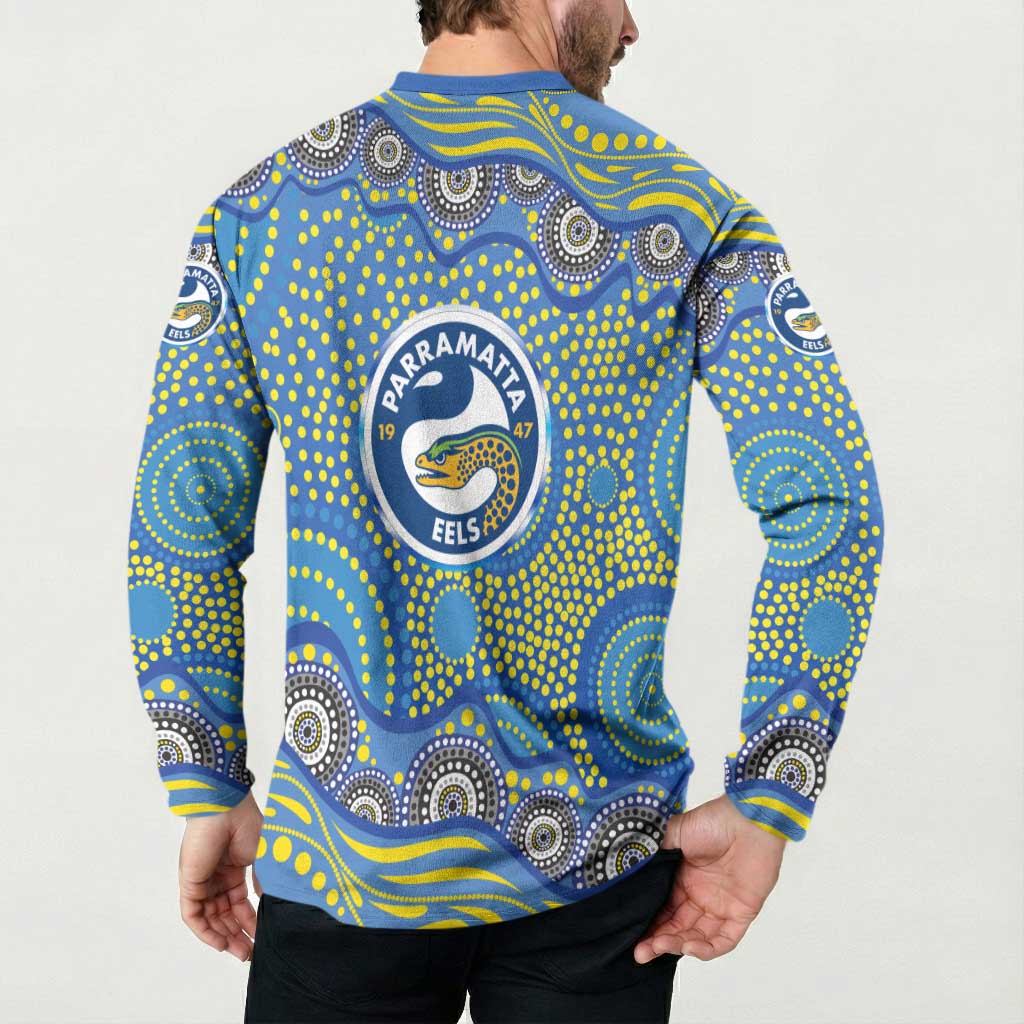 Parramatta Eels Button Sweatshirt Aboriginal Dot Pattern - Rugby Mascot Heritage Pride