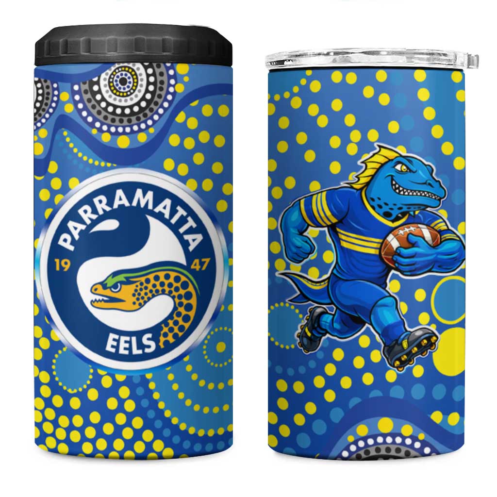 Parramatta Eels 4 in 1 Can Cooler Tumbler Aboriginal Dot Pattern - Rugby Mascot Heritage Pride