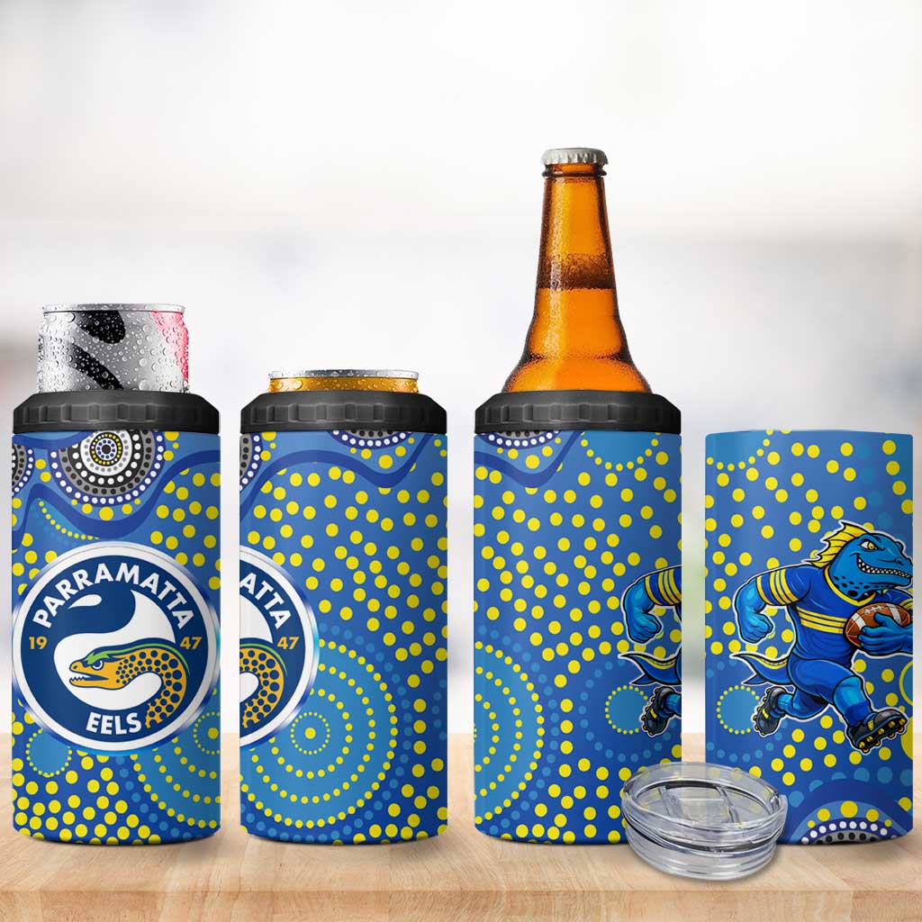 Parramatta Eels 4 in 1 Can Cooler Tumbler Aboriginal Dot Pattern - Rugby Mascot Heritage Pride