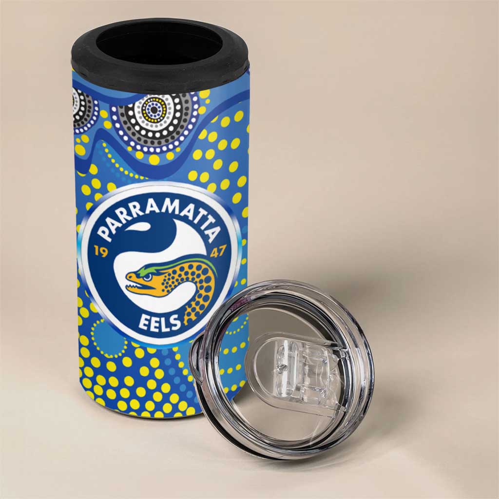 Parramatta Eels 4 in 1 Can Cooler Tumbler Aboriginal Dot Pattern - Rugby Mascot Heritage Pride