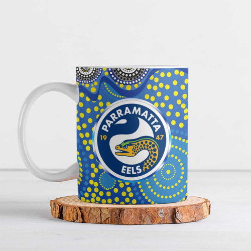Parramatta Eels Ceramic Mug Aboriginal Dot Pattern - Rugby Mascot Heritage Pride