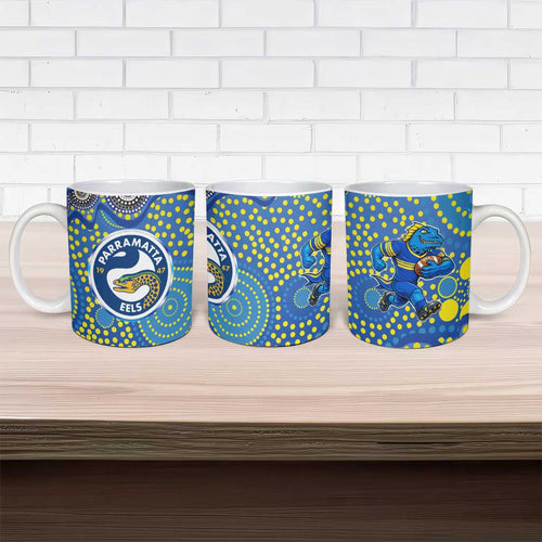 Parramatta Eels Ceramic Mug Aboriginal Dot Pattern - Rugby Mascot Heritage Pride