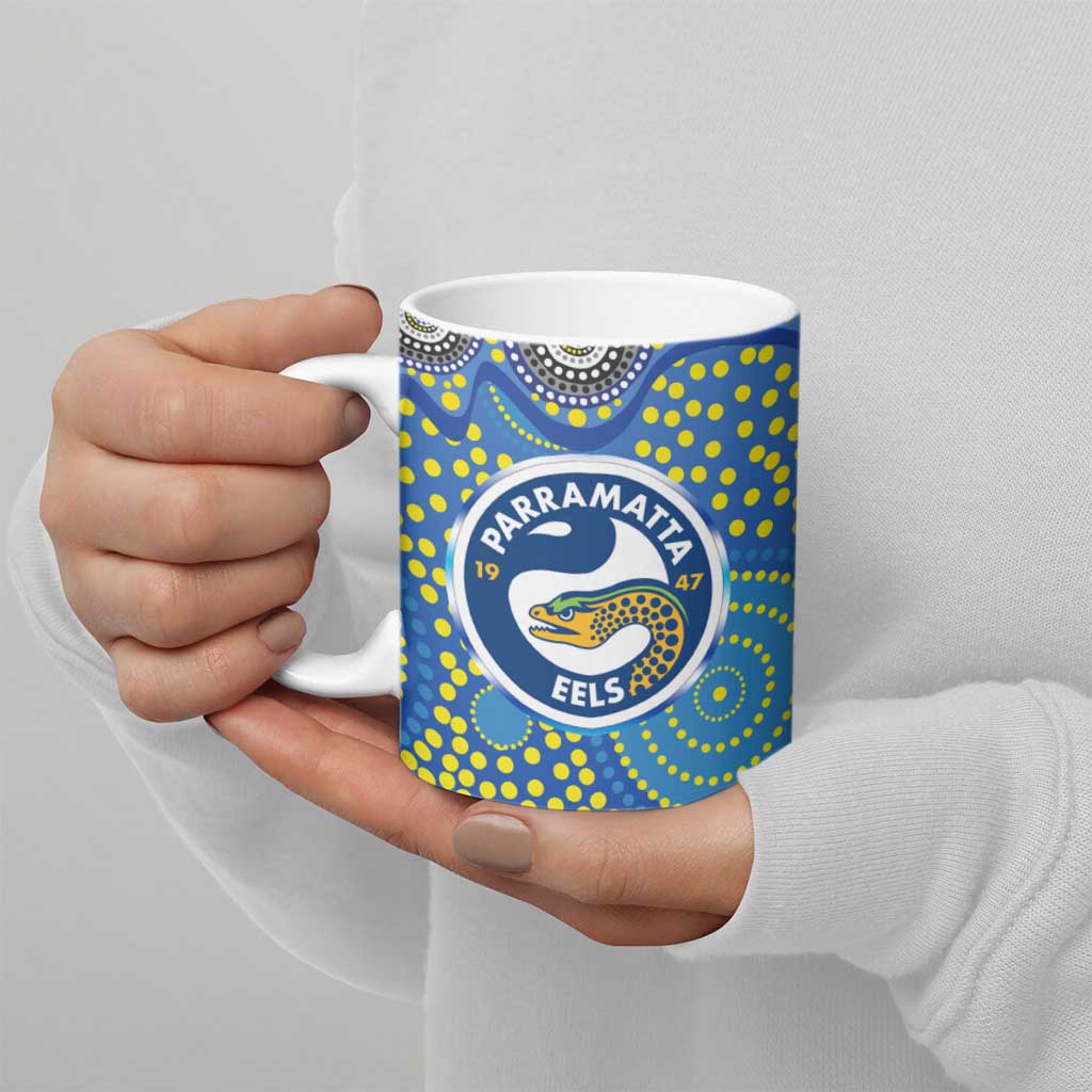 Parramatta Eels Ceramic Mug Aboriginal Dot Pattern - Rugby Mascot Heritage Pride