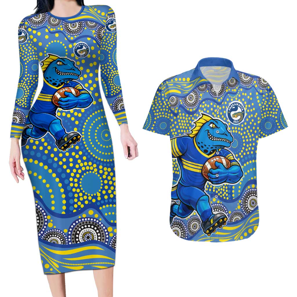 Parramatta Eels Couples Matching Long Sleeve Bodycon Dress and Hawaiian Shirt Aboriginal Dot Pattern - Rugby Mascot Heritage Pride