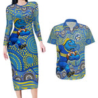 Parramatta Eels Couples Matching Long Sleeve Bodycon Dress and Hawaiian Shirt Aboriginal Dot Pattern - Rugby Mascot Heritage Pride