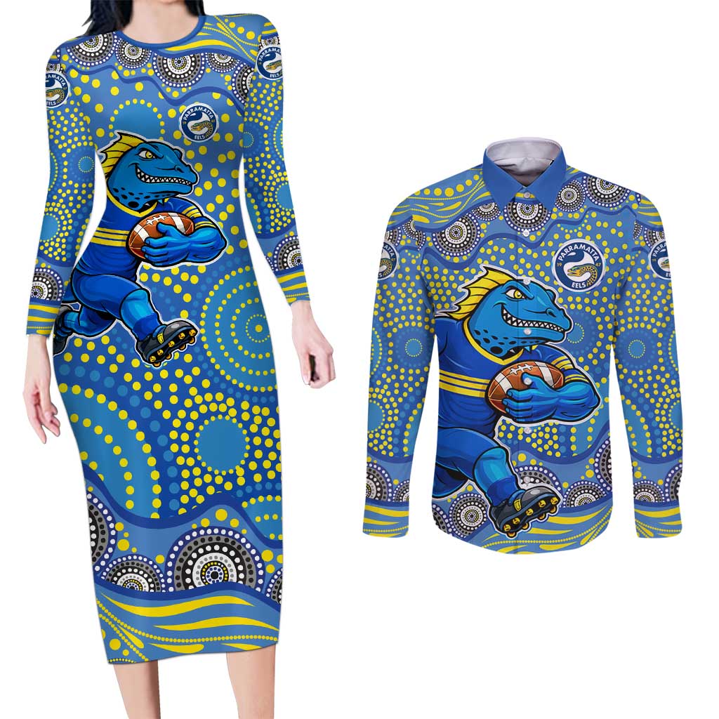 Parramatta Eels Couples Matching Long Sleeve Bodycon Dress and Long Sleeve Button Shirt Aboriginal Dot Pattern - Rugby Mascot Heritage Pride