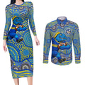 Parramatta Eels Couples Matching Long Sleeve Bodycon Dress and Long Sleeve Button Shirt Aboriginal Dot Pattern - Rugby Mascot Heritage Pride