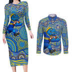 Parramatta Eels Couples Matching Long Sleeve Bodycon Dress and Long Sleeve Button Shirt Aboriginal Dot Pattern - Rugby Mascot Heritage Pride