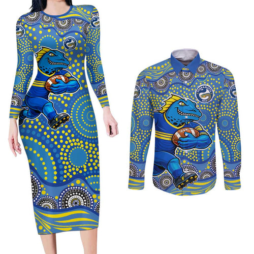 Parramatta Eels Couples Matching Long Sleeve Bodycon Dress and Long Sleeve Button Shirt Aboriginal Dot Pattern - Rugby Mascot Heritage Pride