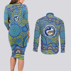 Parramatta Eels Couples Matching Long Sleeve Bodycon Dress and Long Sleeve Button Shirt Aboriginal Dot Pattern - Rugby Mascot Heritage Pride
