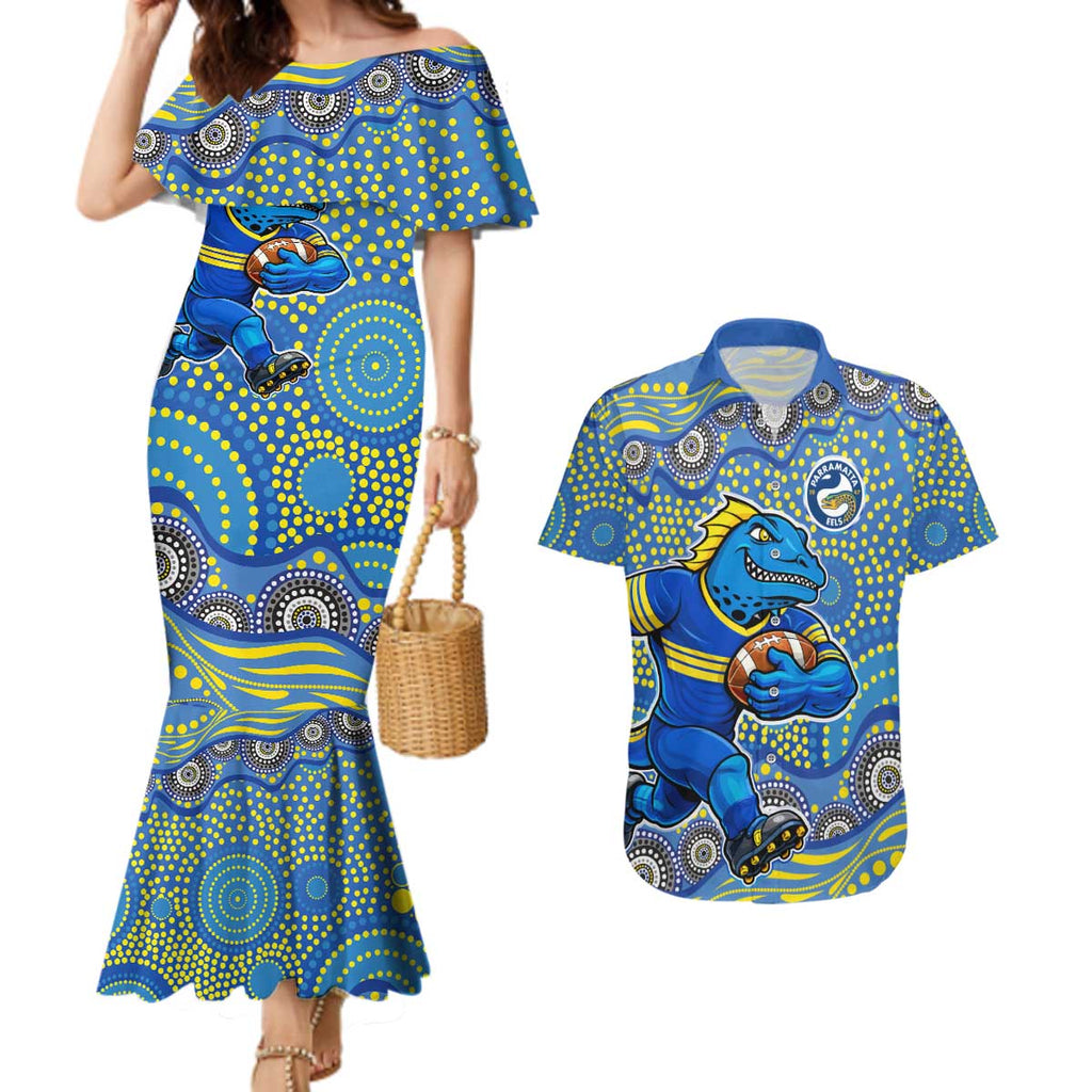 Parramatta Eels Couples Matching Mermaid Dress and Hawaiian Shirt Aboriginal Dot Pattern - Rugby Mascot Heritage Pride