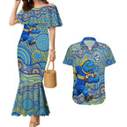 Parramatta Eels Couples Matching Mermaid Dress and Hawaiian Shirt Aboriginal Dot Pattern - Rugby Mascot Heritage Pride