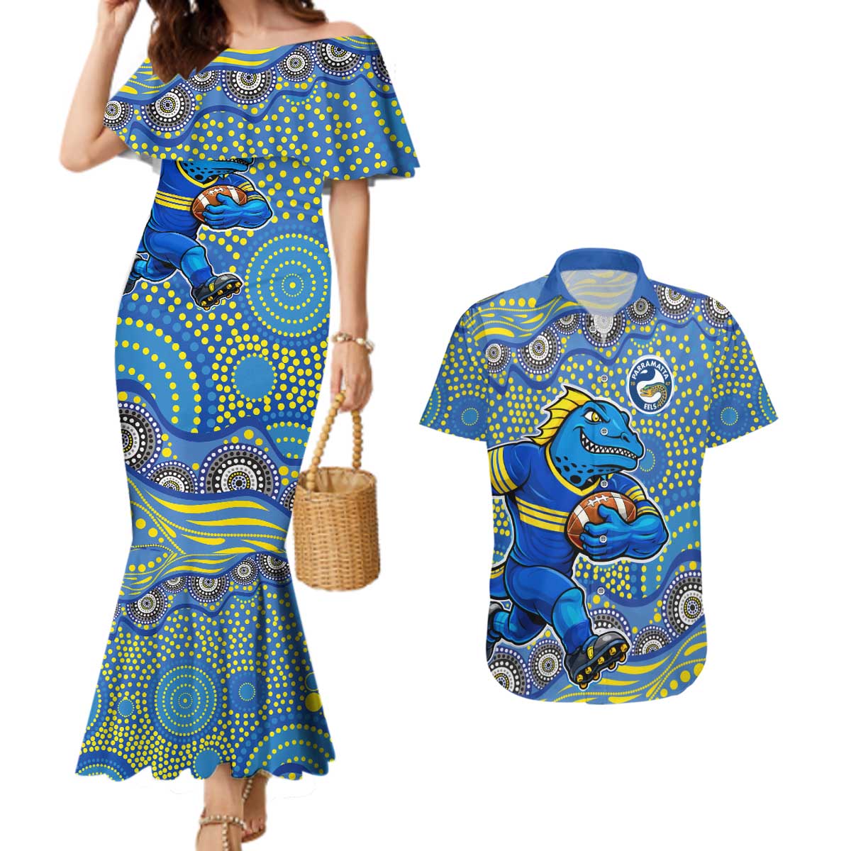 Parramatta Eels Couples Matching Mermaid Dress and Hawaiian Shirt Aboriginal Dot Pattern - Rugby Mascot Heritage Pride