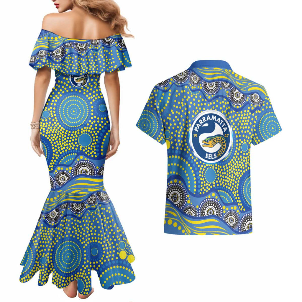 Parramatta Eels Couples Matching Mermaid Dress and Hawaiian Shirt Aboriginal Dot Pattern - Rugby Mascot Heritage Pride