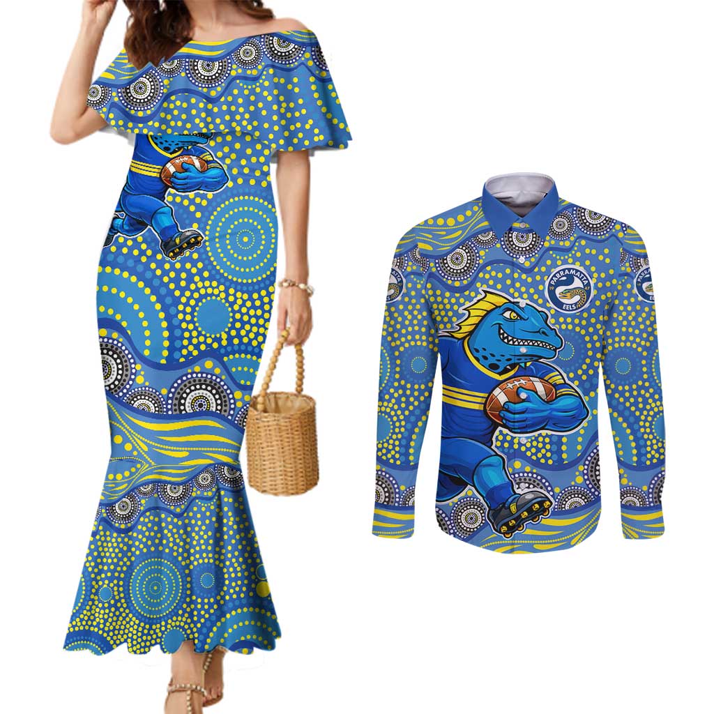 Parramatta Eels Couples Matching Mermaid Dress and Long Sleeve Button Shirt Aboriginal Dot Pattern - Rugby Mascot Heritage Pride