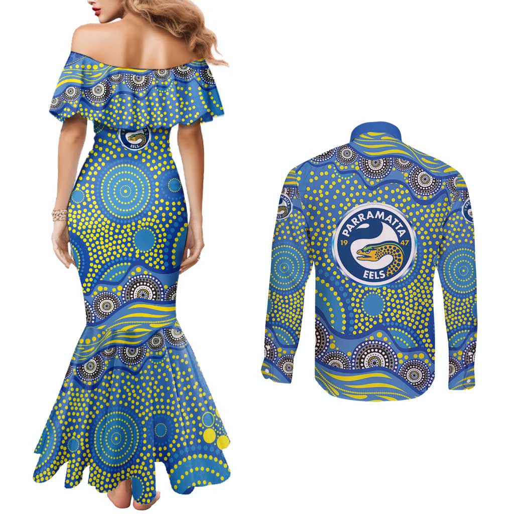 Parramatta Eels Couples Matching Mermaid Dress and Long Sleeve Button Shirt Aboriginal Dot Pattern - Rugby Mascot Heritage Pride