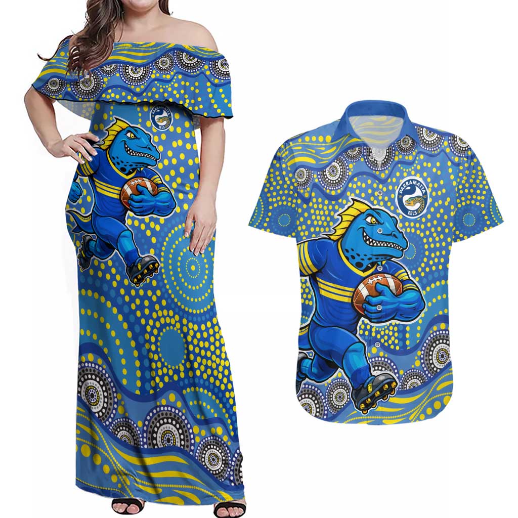 Parramatta Eels Couples Matching Off Shoulder Maxi Dress and Hawaiian Shirt Aboriginal Dot Pattern - Rugby Mascot Heritage Pride