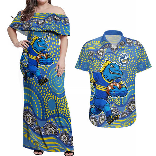 Parramatta Eels Couples Matching Off Shoulder Maxi Dress and Hawaiian Shirt Aboriginal Dot Pattern - Rugby Mascot Heritage Pride