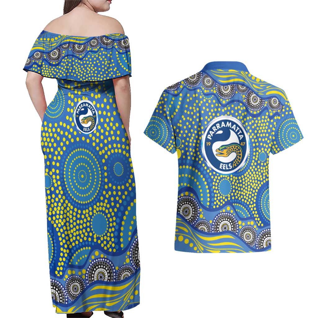 Parramatta Eels Couples Matching Off Shoulder Maxi Dress and Hawaiian Shirt Aboriginal Dot Pattern - Rugby Mascot Heritage Pride